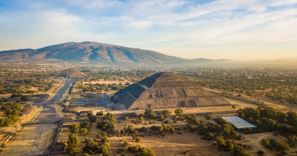 Aerial view of the Pyramid of the Sun and the Pyramid of the Moon at Teotihuacan. Shutterstock.