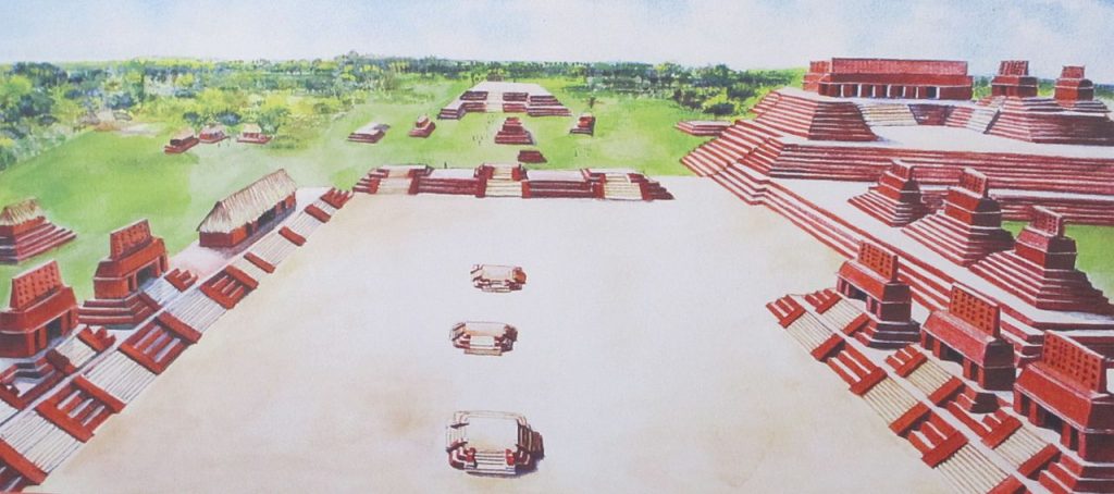 A digital recreation of the ancient city of Comalcalco.  Image Credit: Wikimedia Commons / CC BY-SA 3.0.