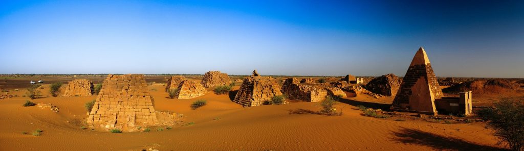 A Panorama image of the pyramids of Meroe in the desert in Sudan