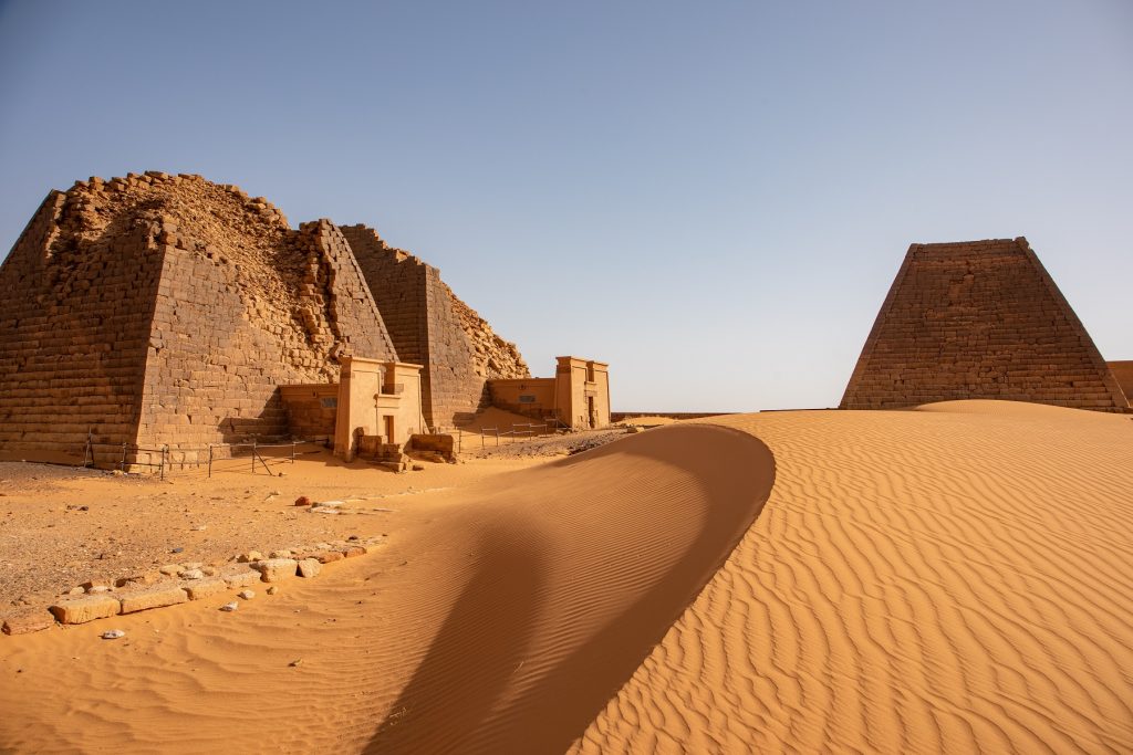 An image of the pyramids of Sudan. Notice that many pyramids have their top missing. Shutterstock.