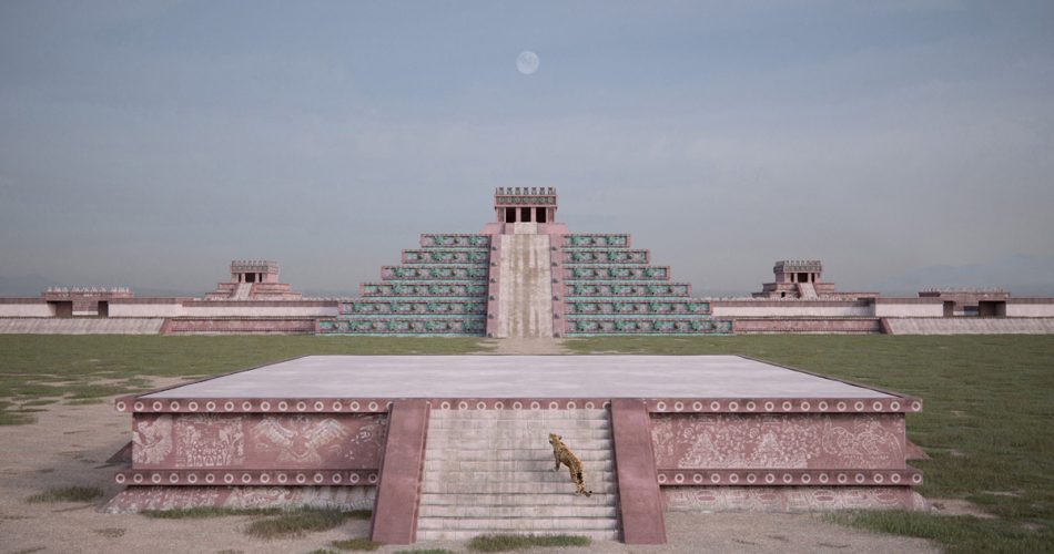 A recreation of the temples at Teotihuacan, and what they may have looked like thousands of years ago, according to architect/artist David Romero.